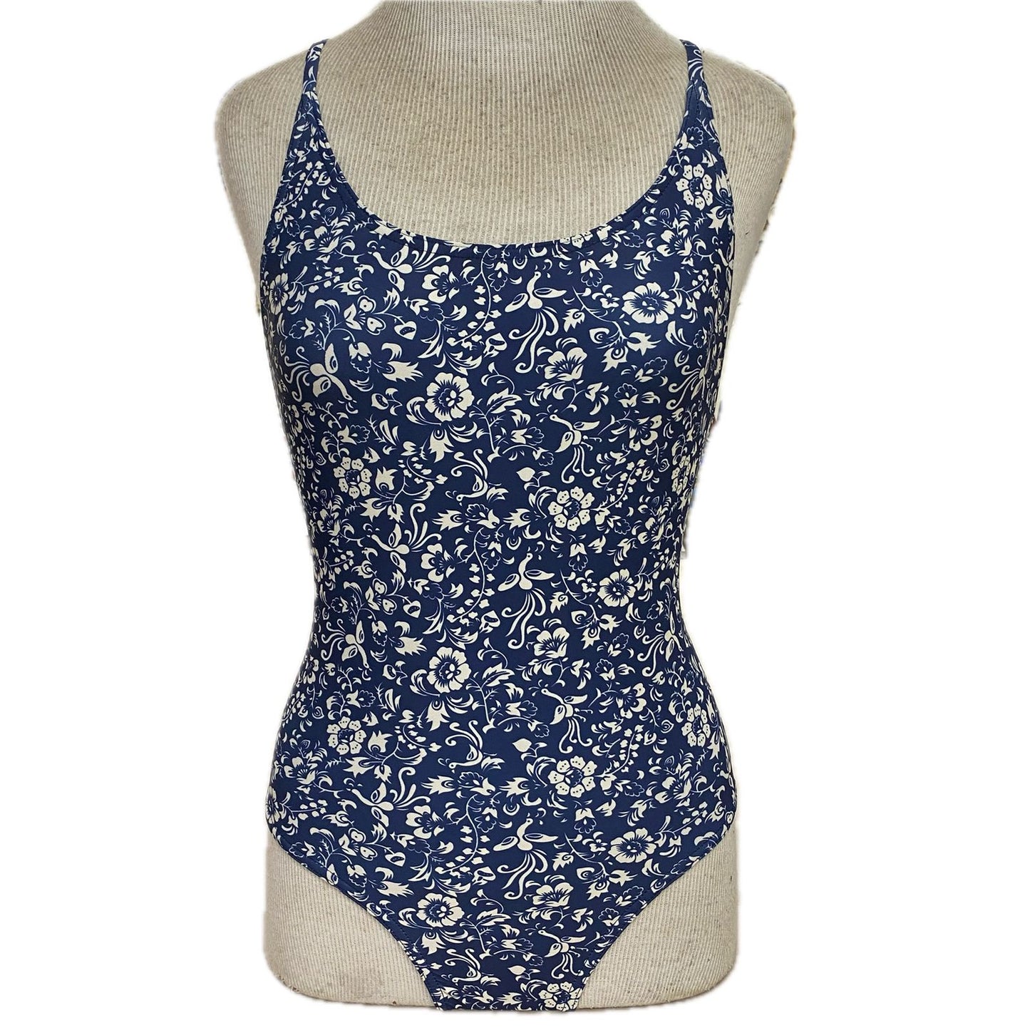 Rippled Effect Womens One Piece - Navy and Cream Floral