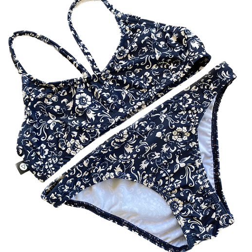 Rippled Effect Girls Two-Piece Navy and Cream Floral