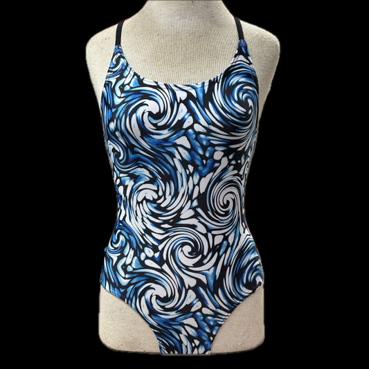 Rippled Effect Girls One Piece - Blue Swirls